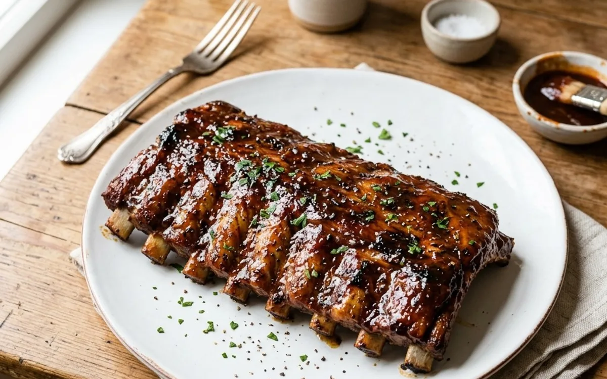 Un plato blanco con costillas baby back glaseadas, fotografiado desde arriba.