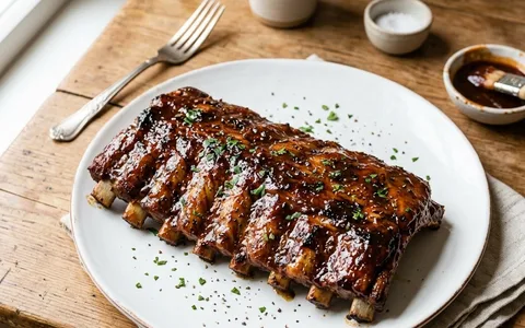 Un plato blanco con costillas baby back glaseadas, fotografiado desde arriba.
