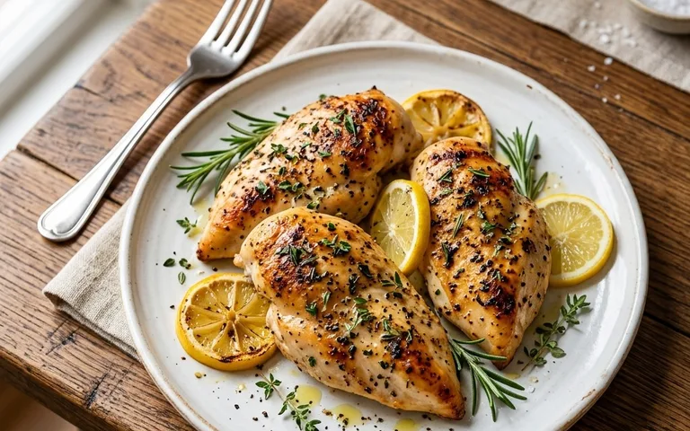 Un plato blanco con pechugas de pollo al horno con hierbas, fotografiado desde arriba.