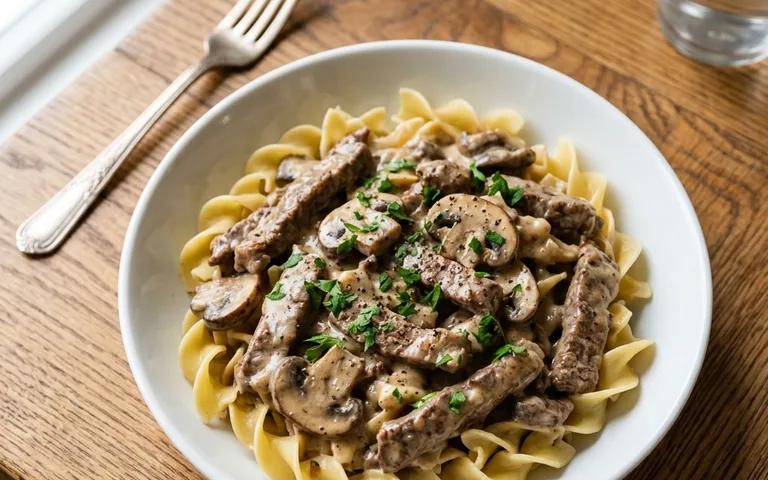 Un tazón blanco de stroganoff de res con fideos de huevo, fotografiado desde arriba.