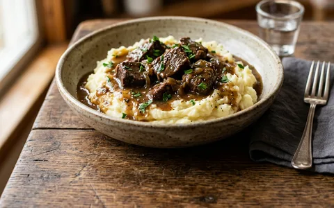 Beef tips in brown gravy