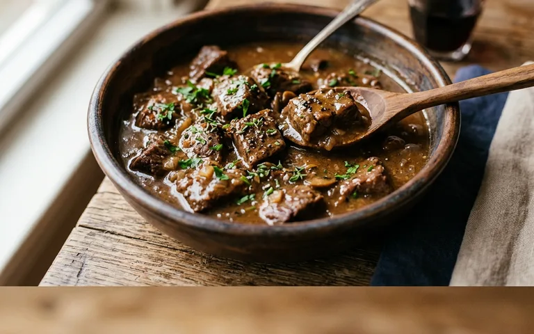 Dados de res con champiñones en salsa