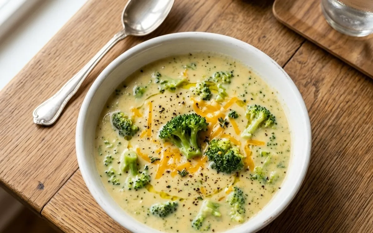 Un tazón blanco de sopa de brócoli y cheddar con queso, fotografiado desde arriba.