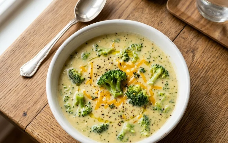 Un tazón blanco de sopa de brócoli y cheddar con queso, fotografiado desde arriba.