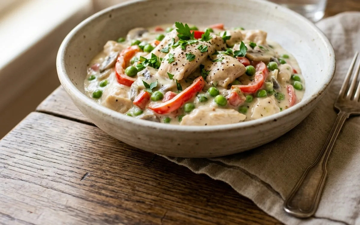 Pollo cremoso a la king con champiñones y pimientos morrones