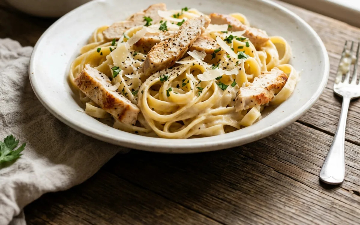 Un tazón blanco de fettuccine con pollo alfredo en salsa cremosa de parmesano, fotografiado desde arriba.