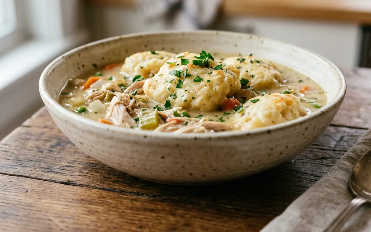 Un tazón de guiso de pollo con dumplings cubierto con dumplings suaves
