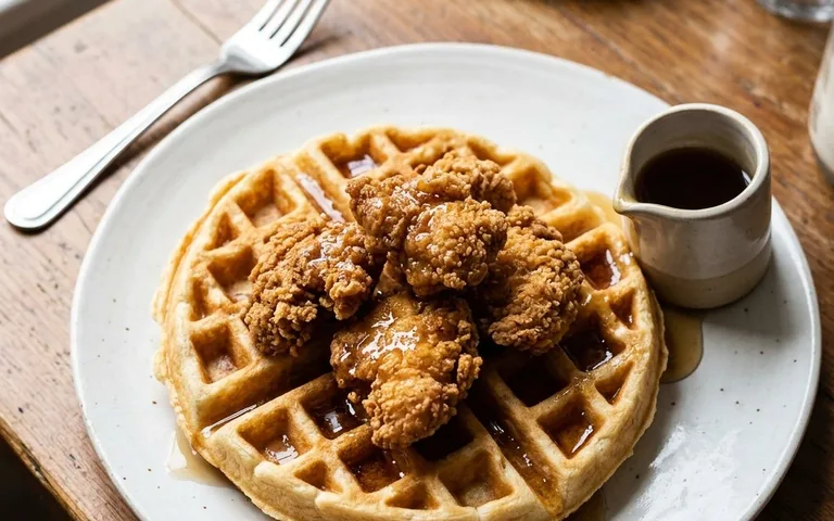 Un plato blanco de pollo frito crujiente sobre un waffle con jarabe de arce, fotografiado desde arriba.