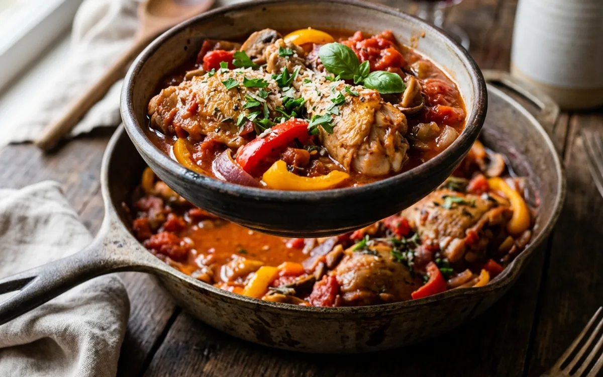 Pollo cacciatore braseado con pimientos y tomate