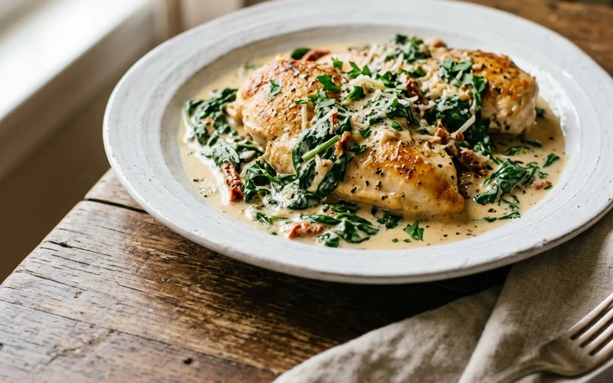 Pollo florentino en cremosa salsa de espinaca