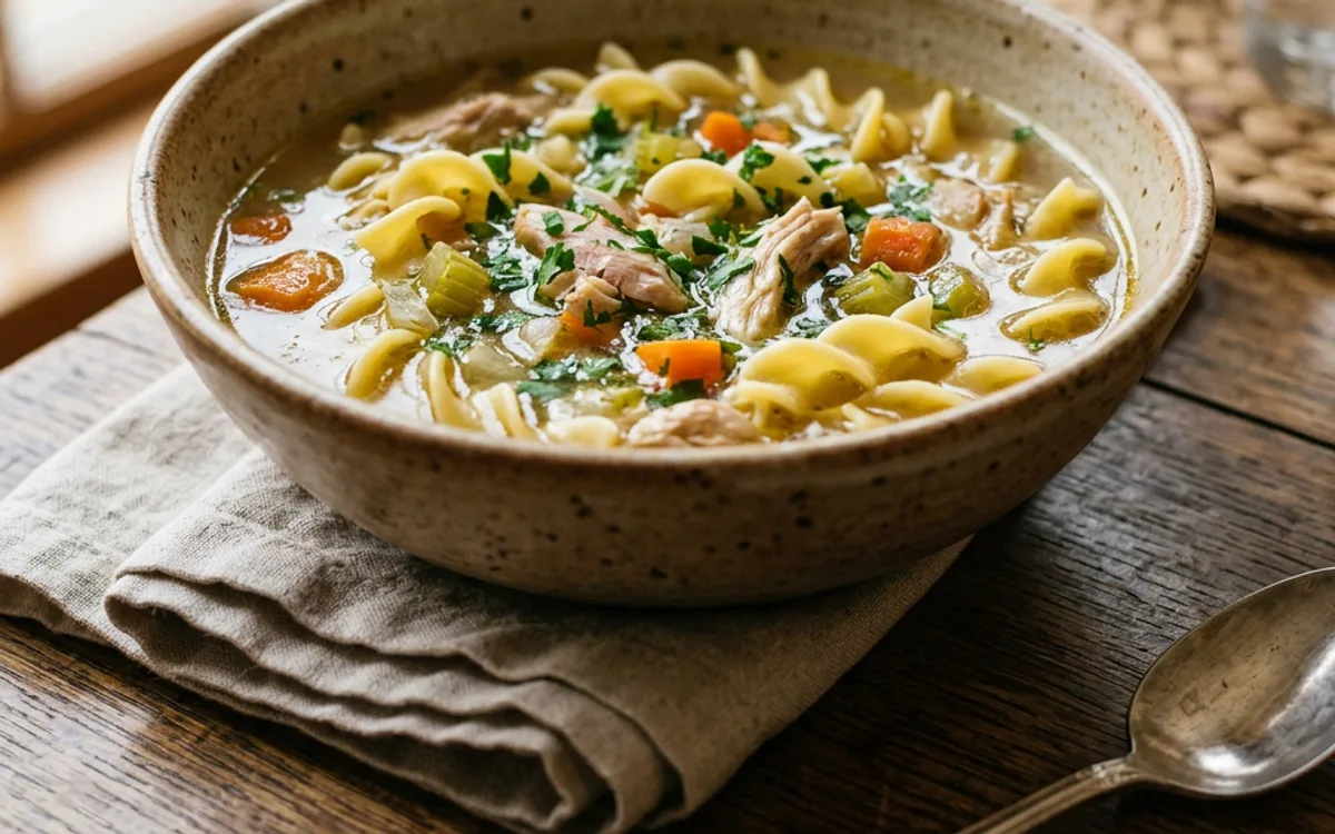 Un tazón blanco de sopa de pollo con fideos y verduras, fotografiado desde arriba.