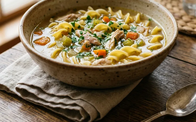 Un tazón blanco de sopa de pollo con fideos y verduras, fotografiado desde arriba.