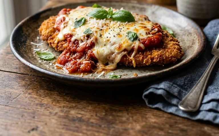 Un plato blanco de pollo parmesano con marinara y queso derretido, fotografiado desde arriba.
