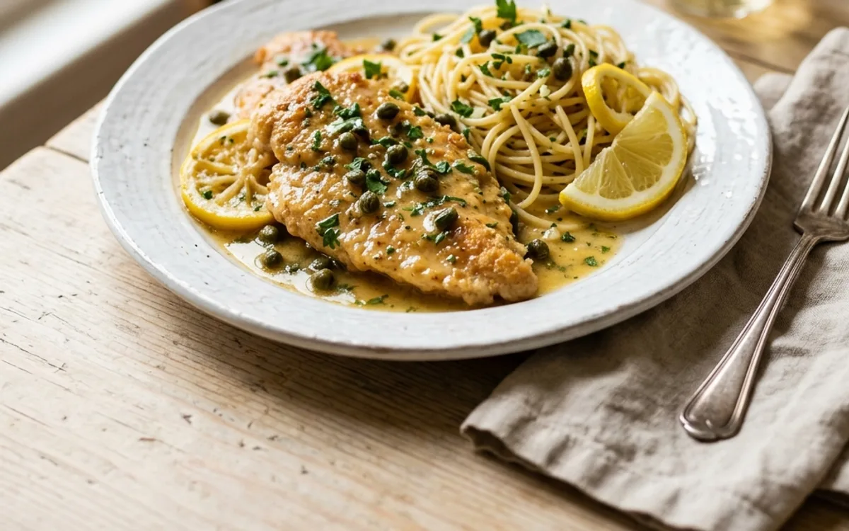 Filetes de pollo piccata en salsa de limón, alcaparras y mantequilla