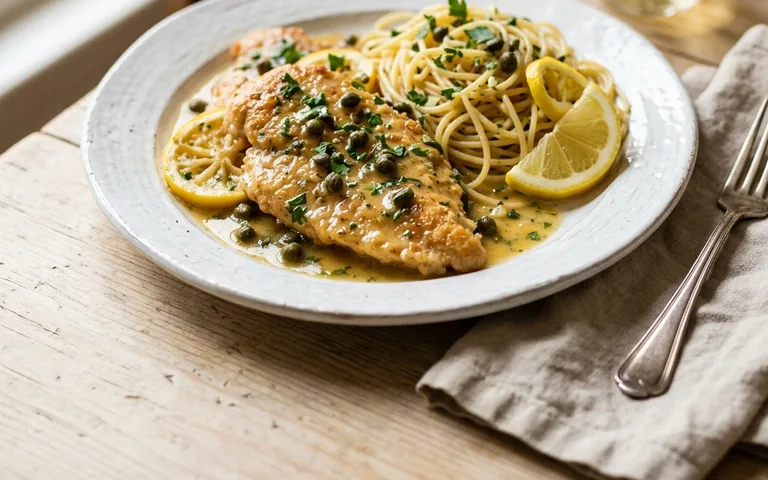Filetes de pollo piccata en salsa de limón, alcaparras y mantequilla