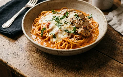 A bowl of chicken spaghetti in creamy cheese sauce