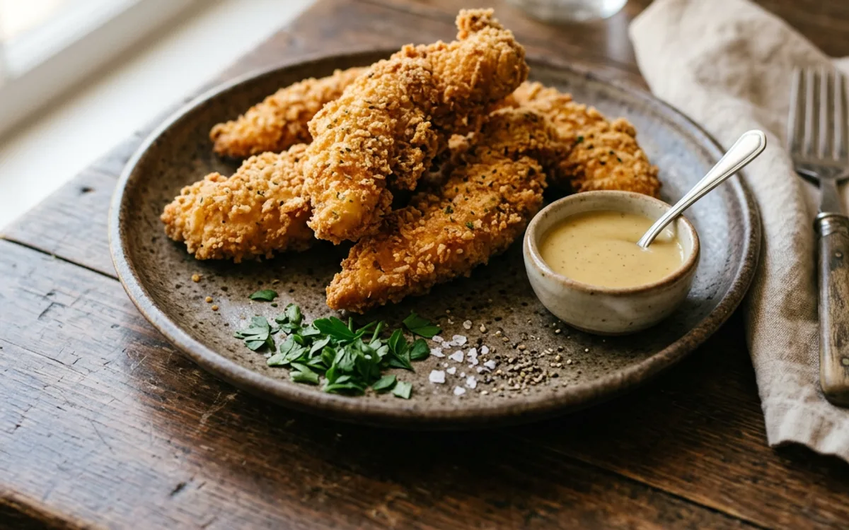 Tiras de pollo fritas doradas con suero de leche