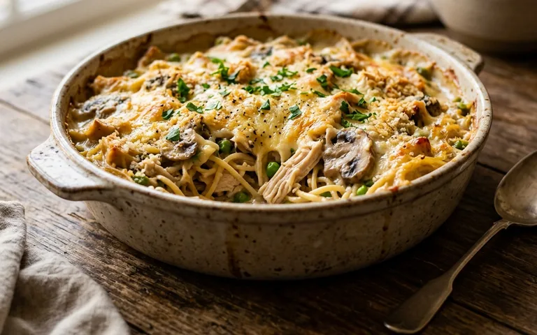Cazuela de pollo tetrazzini horneada con cobertura de queso