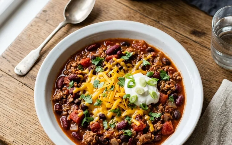 Un tazón blanco de chili con carne con carne molida, frijoles y tomate, fotografiado desde arriba.