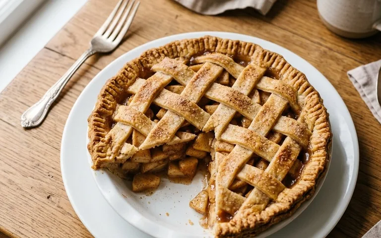 Un plato blanco de un pastel clásico de manzana en rebanadas, fotografiado desde arriba.