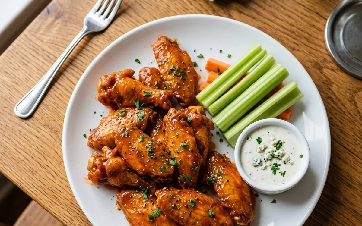 Un plato blanco de alitas de pollo Buffalo clásicas con apio, fotografiado desde arriba.