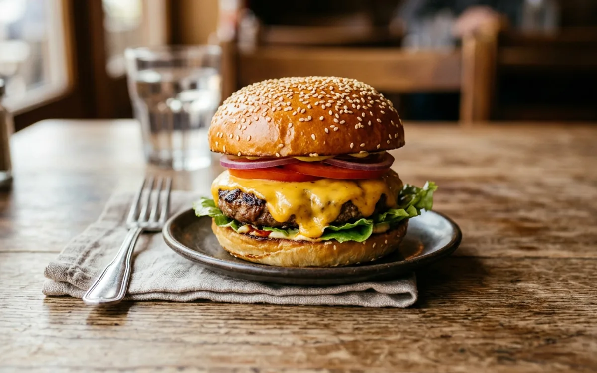 Una hamburguesa con queso clásica en pan