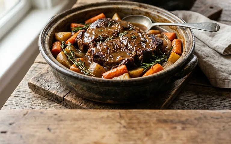Una carne asada en olla con verduras