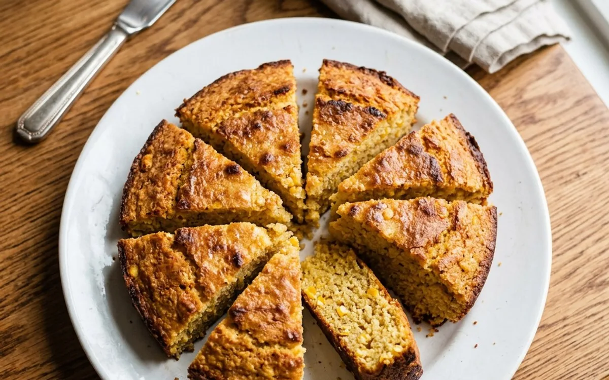 A white plate of golden skillet cornbread slices, photographed from above.