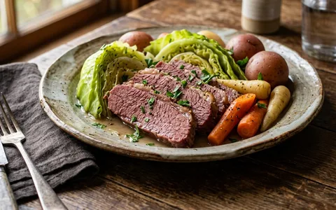 A plate of corned beef and cabbage