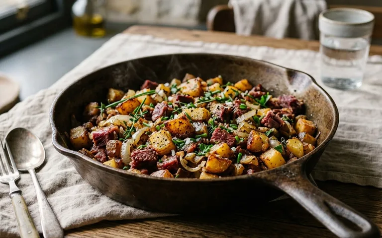 Una sartén de hash de res salada