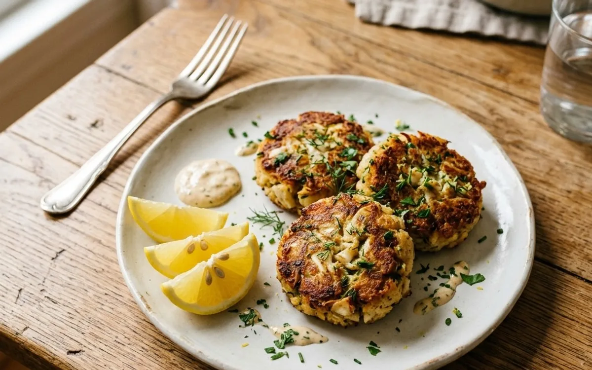 Un plato blanco de tortitas de cangrejo doradas con limón, fotografiado desde arriba.
