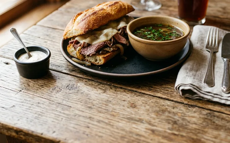 Un sándwich french dip con au jus