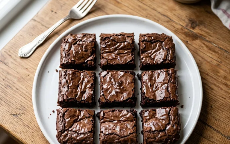 Un plato blanco de brownies de chocolate Tiernos, fotografiado desde arriba.