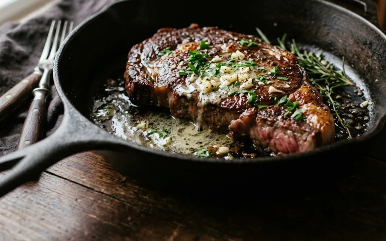 Un bistec sellado con mantequilla de ajo