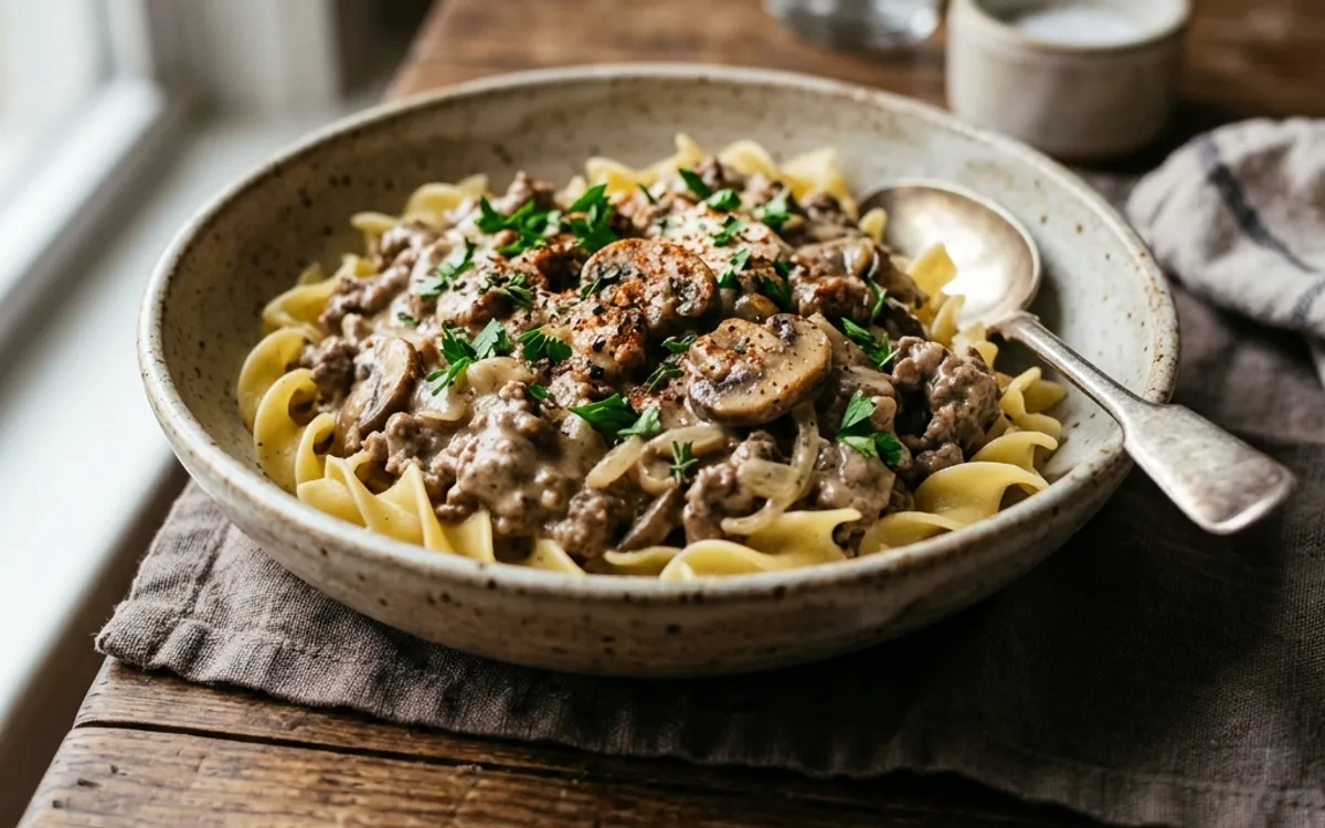 Estofado de carne molida sobre fideos