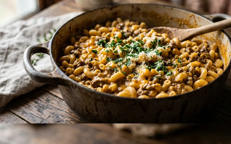 Una sartén de pasta con carne y queso