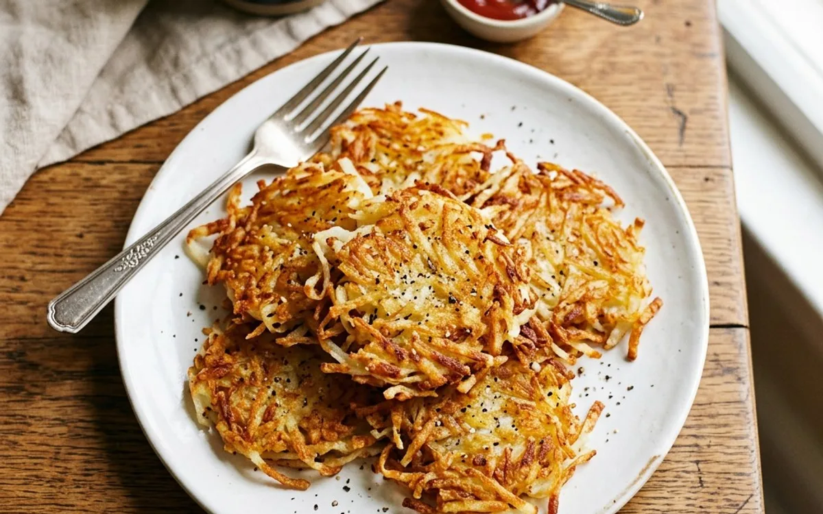 Un plato blanco de hash browns dorados y crujientes, fotografiado desde arriba.