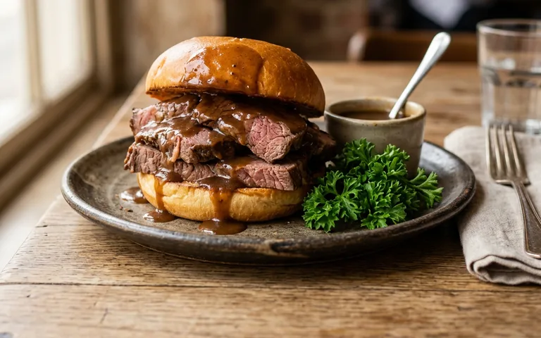 Un sándwich caliente de roast beef abierto