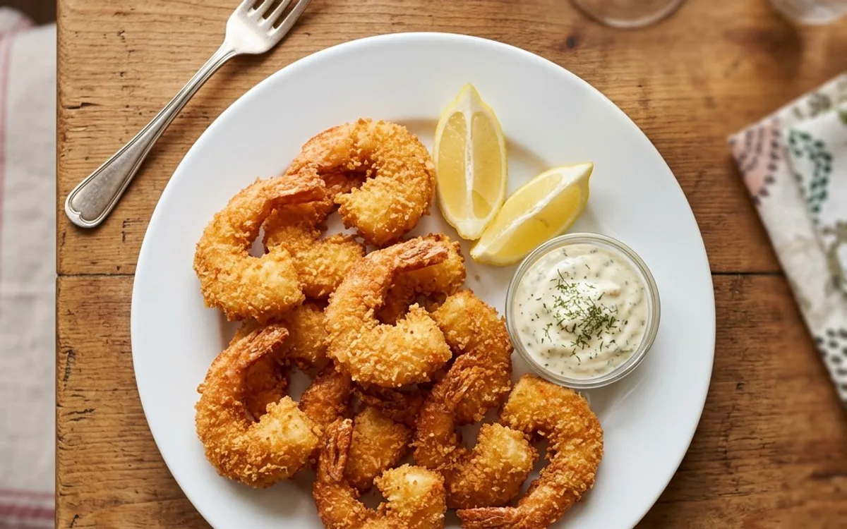 Un plato blanco de camarones gigantes fritos dorados y crujientes, fotografiado desde arriba.