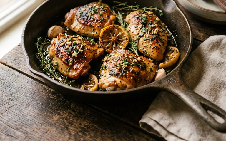 Pechugas de pollo en sartén con salsa de limón, ajo y mantequilla