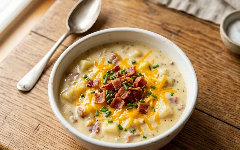 Un tazón blanco de sopa de papa al horno cargada con queso, tocino y cebollín, fotografiado desde arriba.