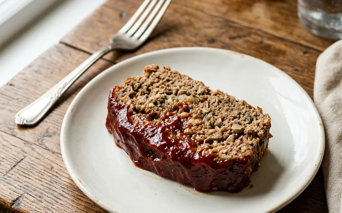 Una rebanada de pan de carne con glaseado de tomate en un plato blanco, fotografiado desde arriba.
