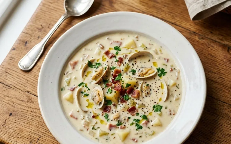 Un tazón blanco de cremosa sopa de almejas de Nueva Inglaterra con almejas y papas, fotografiado desde arriba.