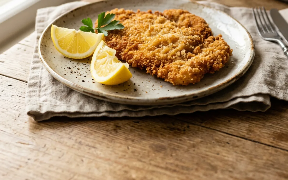 Un schnitzel de cerdo dorado y empanado