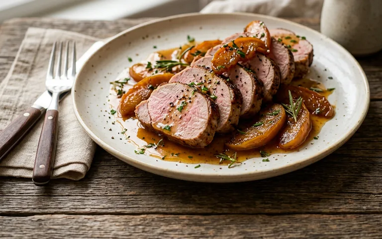 Lomo de cerdo en rebanadas con manzanas y cebolla