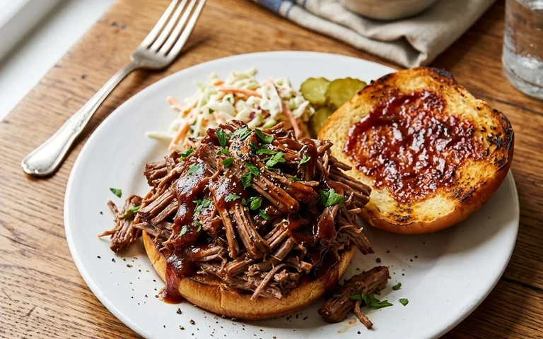 Un plato blanco con un sándwich de carne desmenuzada en panecillo, visto desde arriba.