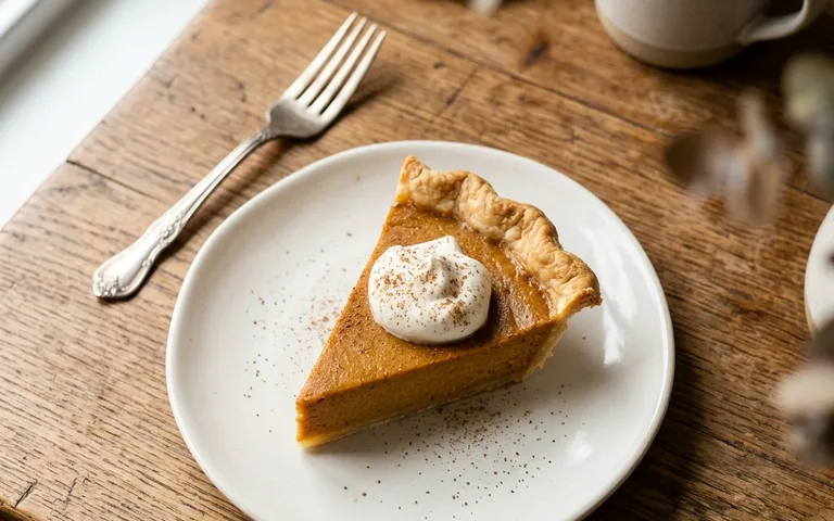 Un plato blanco con un pastel de calabaza en rodajas, visto desde arriba.