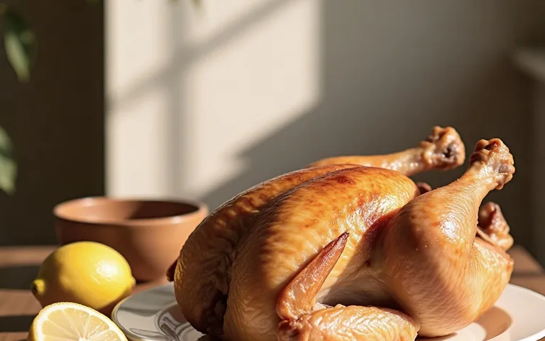 Un pollo asado entero con piel dorada y crujiente, sobre una fuente con limón y hierbas