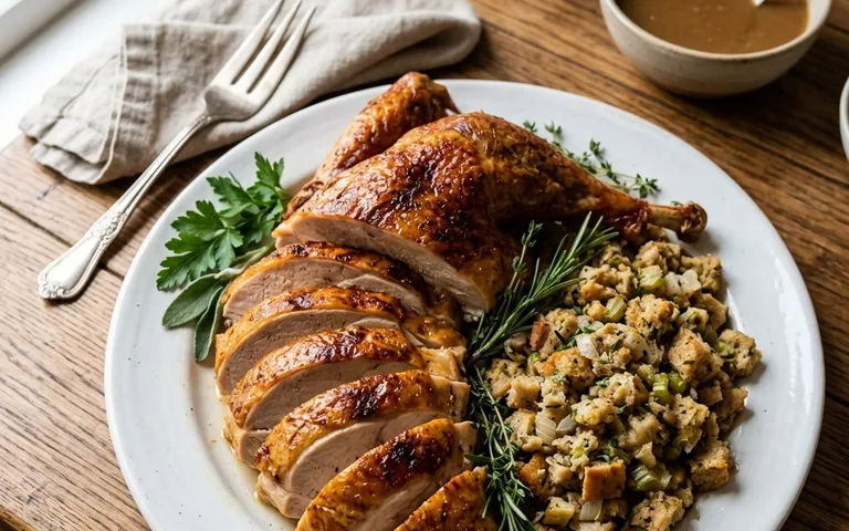 Una fuente blanca de pavo asado en rodajas con relleno de pan, vista desde arriba.