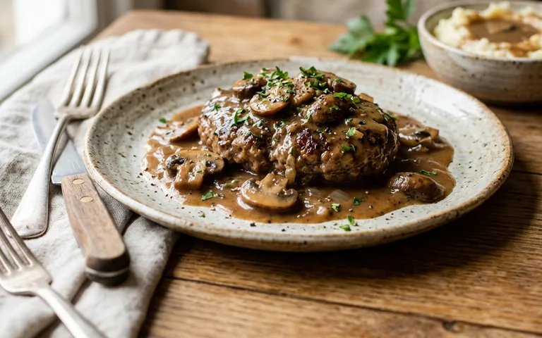 Bistec Salisbury en jugo de champiñones